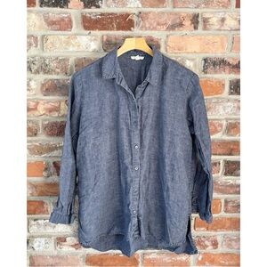 Eileen Fisher Organic Linen Blue Button Up Tunic Long Sleeve Shirt Top, L